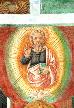 Madonna del Latte in trono con angeli e Dio Padre benedicente
